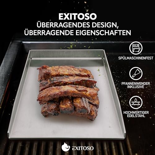 Exitoso Grillplatte 30x40cm | Plancha Mit Grillspachtel | Gasgrill Aus Dickem & Rostfreiem Edelstahl | 4mm Dicke | Universalgröße, Silber