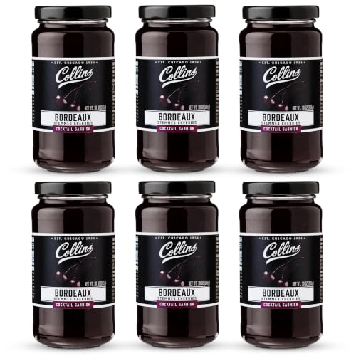 Collins Stemmed Black Cocktail Cherries, Drinks Garnish for Manhattans &amp; Old Fashioneds, Whiskey Cocktails, Black Cherry in Bordeaux Syrup for Baking &amp; Desserts, Set of 6, 10 oz Jars