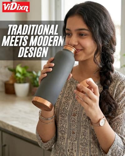 Image of Pure Copper Water Bottle Ayurvedic Leak-Proof Copper Bottle for Drinking Water - Handcrafted Mandala Design - BPA-Free & Eco-Friendly - Improves Immunity & Digestion (SILK GREY) 950ml