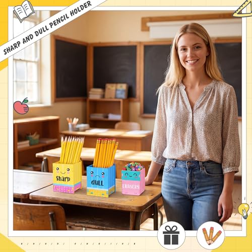 Image of DoubleFill 6 Pcs Sharp Dull Pencil Holder,Yellow Blue Face | Wooden Pencil Shaped Dispenser, Eraser Storage Organizer, For Classroom Management and Teacher Back to School Supplies
