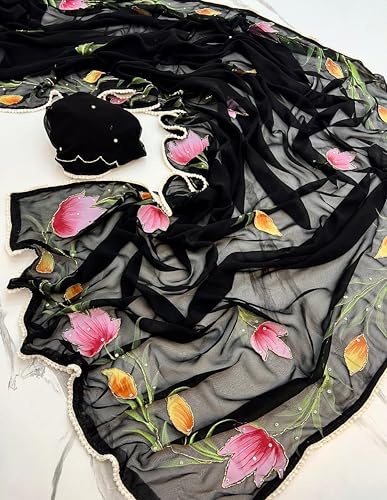 Image of Arkia Women's Hand Embroidered Hand Painted Floral Georgette Saree with Blouse, Red Georgette with Pink Tulip Design and Stone Work