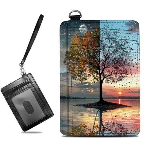 Image of Small Travel Wallets, Day and Night Art Tree Slim Minimalist Front Pocket Wallet with Wristlet, RFID Blocking PU Leather Credit Card Holder with ID Window Change Purse for Men Women