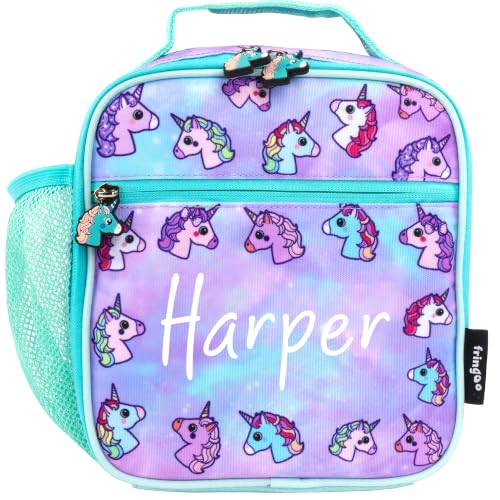 Image of Fringoo Personalised Kids Lunch Bag Thermal Insulated 2 Compartment Cooler Bag with Side Mesh Pocket Nursery School Travel Lunchie (Pastel Unicorns)