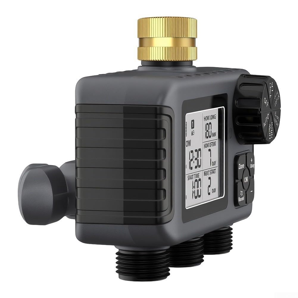 Minhe Timer intelligente per l'acqua a 3 uscite, struttura in ottone, regolatore automatico di irrigazione modalità ritardo pioggia display LCD trasparente per irrigazione giardino prato grigio