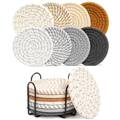 Opiniones de Posavasos los preferidos por los clientes. 42 Juego de 8 Portavasos para Mesa Absorbentes, Posavasos Antideslizante, Handmade Braided Fabric Coasters Heat-Resistant, Protectores de Mesa para Todas Las Tazas,Con Soporte de...