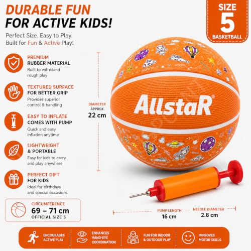 Image of PLUSPOINT Kids Basketball with Air Pump | Colorful Printed Rubber Basketball for Indoor & Outdoor Play | Training Sports Ball for Kids | Easy Grip Basketball for Boys and Girls