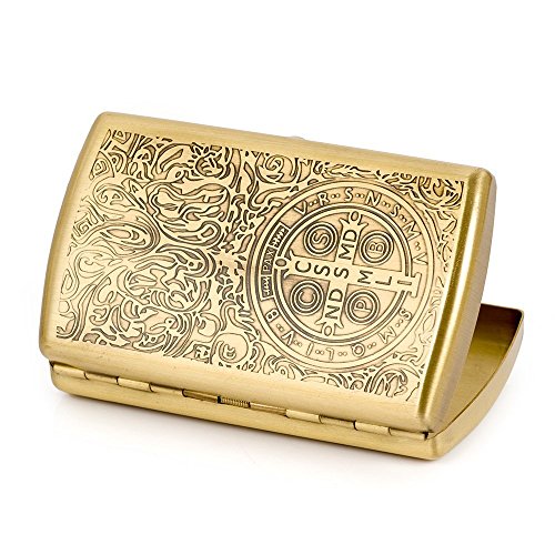Pure Brass Metal Cigarette Case Box - Ehonestbuy Carved Constantine Pattern Double Sided Spring Clip Open Pocket Holder For 12 Cigarettes #TOP6
