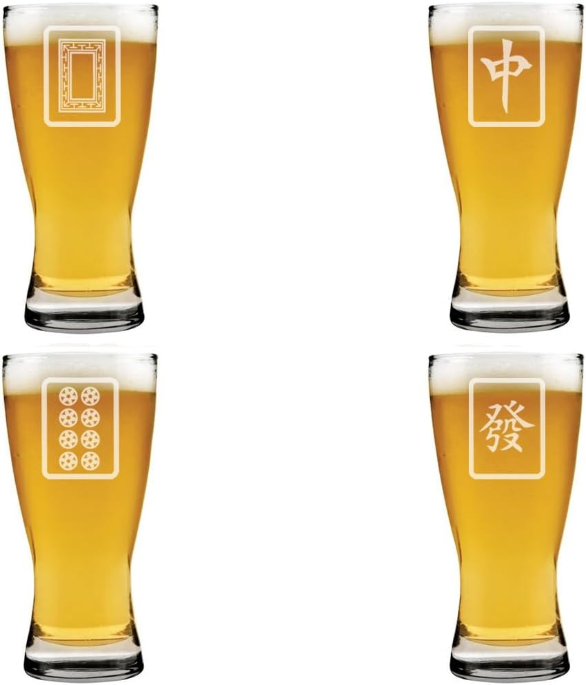 MIP 15 oz Beer Pilsner Glass Gift Set of 4 Mahjong Tiles Collection