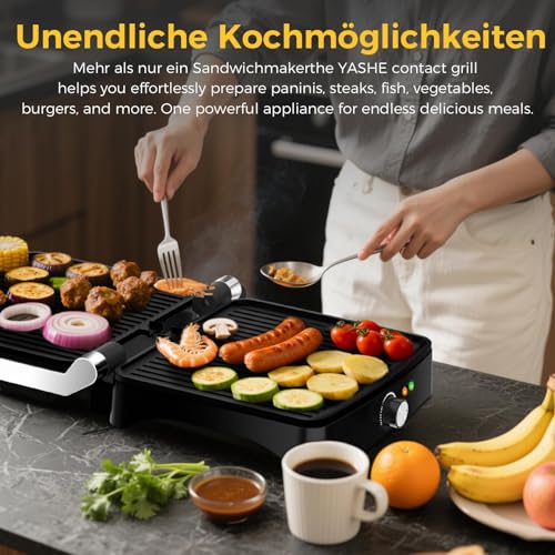 YASHE Kontaktgrill Sandwichmaker mit Temperaturregler, 180° aufklappbar Tischgrill, Antihaft Grillplatten, Edelstahl-Deckel, Panini Grill für Sandwich, Fleisch & Gemüse, 2000W