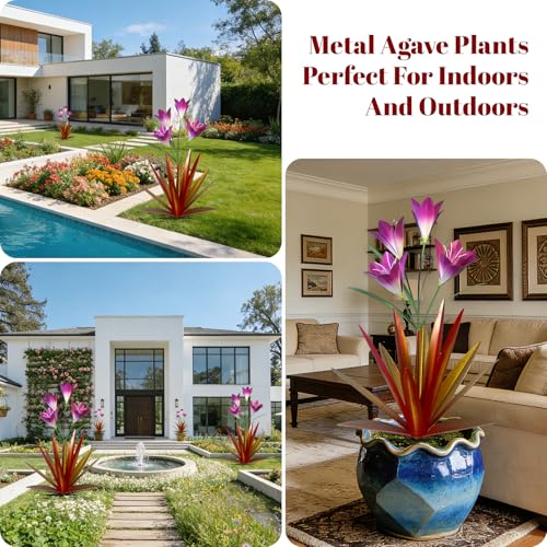 Image of TOMBABY 32.28 Inch Metal Agave Plant Outdoor Decoration Lily Mexican Yard Art Garden Gift Home Decor Hand Painted Metal Agave Garden Yard Statue (2pc, Red)