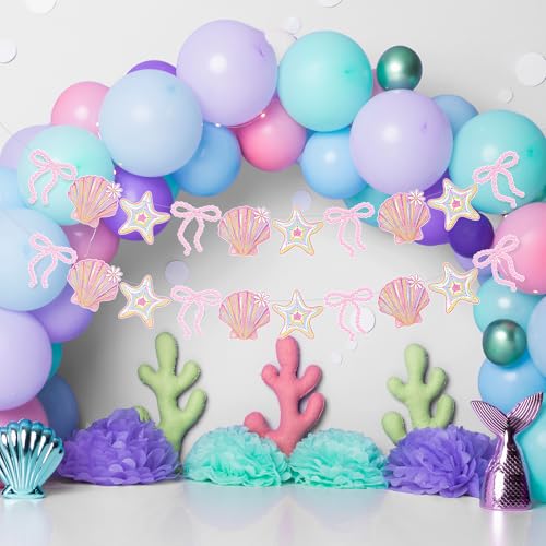 Image of Oudain 2 Pack Pink Bow Seashell Garland for Girl 6.56 ft Pink Mermaid Seashell Party Coquette Ocean Coastal Beach Under The Sea Paper Bow Hanging Banner for Baby Shower Wedding Summer Birthday