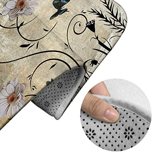 DYCBNESS Badezimmerteppich-Set, 3-teilig, rustikale Gänseblümchen, Blumen, Schmetterling, Grau, Beige, abstrakte Kunst, Wandmalerei, Badteppiche mit U-förmigem Konturenteppich, WC-Deckelbezug – Bild 5