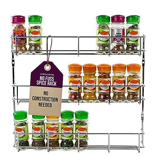 Image of andrew james 1 /2 /3 /4 /5 Spice Rack Organiser - No Assembly Needed | Chrome Hanging Spice Shelf for Inside Cupboard Door or Wall Mounted | Kitchen Organiser (3 Tier)