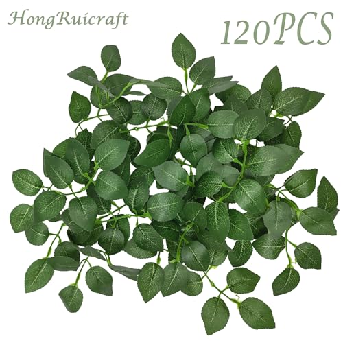 Image of 120PCS Artificial Rose Leaves, Decorative Greenery Foliage, Set of Stems Bulk Silk Greenery Fake Rose Flower Leaves for DIY Wedding Bouquets Bridal Shower Centerpieces Home Decorations