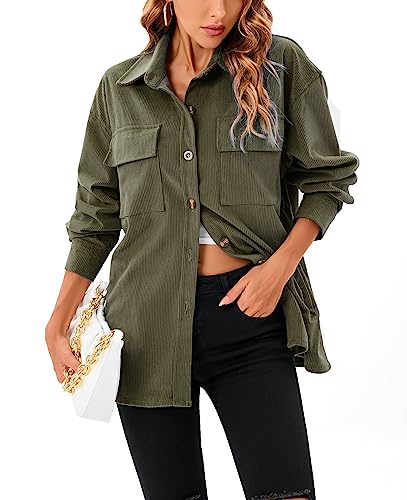 Jhsnjnr Womens Fashion Corduroy Jacket Shacket Casual Lapel Button Up Shirts Long Sleeve Blouses Tops Army Green Small