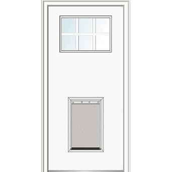 National Door Company Z029124L Fiberglass Smooth, Primed, Left Hand In-Swing, Exterior Prehung Door, Craftsman 6-Lite with Pet Door, 32"x80"
