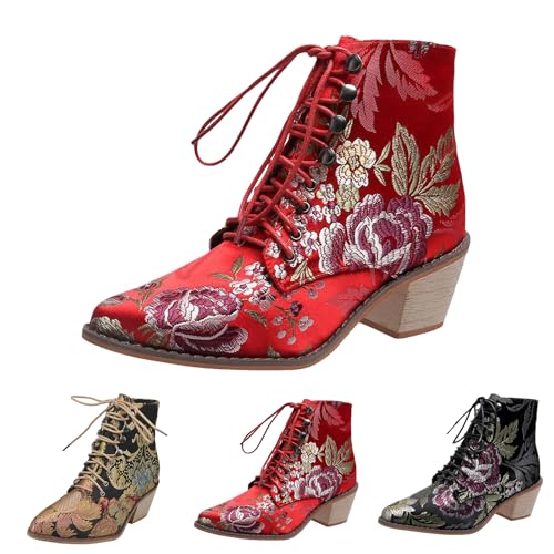 Ankle Boots For Women Low Heel Womens Vintage Floral Embroidered Block Heel Cowboy Boot Heighten Short Booties Lace Up Ethnic Retro Shoes