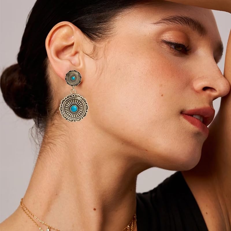 Western Turquoise Earrings for Women Bohemian Vintage Turquoise Geometric Ethnic Teardrop Earrings Statement Western Country Jewelry - Image 3