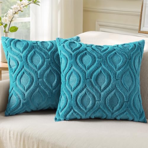 decorUhome Fall Throw Pillow Covers 18x18 Inch Set of 2, Soft Plush Decorative Faux Fur Teal Solid Couch Pillow Covers, Accent Farmhouse Neutral Square Euro Pillow Cases for Sofa Bed Living Room