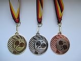 Fanshop Lünen Tischtennis 3 Stück Medaillen aus Stahl 40mm - Gold Silber Bronze - TT - Medaillenset - Emblem 25mm - mit Band-Emblem - (e262)