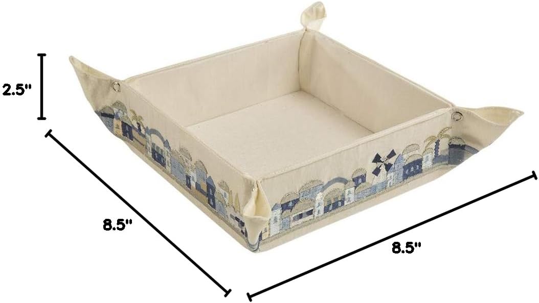 Yair Emanuel Matzah Box for Seder - Holder For Passover Bread -Embroidered Folding Basket (Jerusalem - Blue (MB-5))