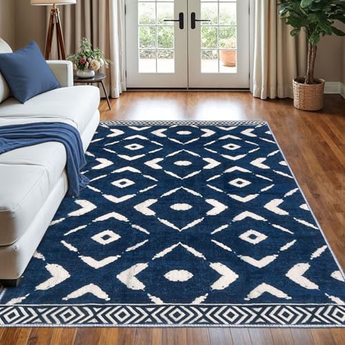 KILOCOCO Living Room Rug 5x7 Area Rug Printed Boho Washable Bedroom Rugs Non Slip Soft Large Moroccan Rubber Backed Indoor Rugs for Dining Room Office Farmhouse Geometric Carpet, Blue