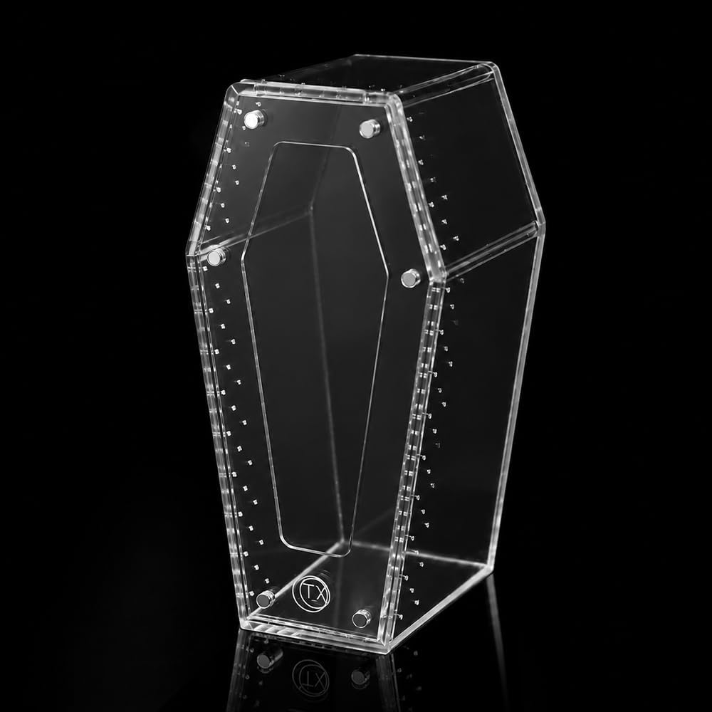 Installation-Free Acrylic Coffin Jumping Spider Enclosure - Gothic Terrarium Habitat with Magnetic Lid, Micro Reptile Breeding Box for Slings, Mantis, Isopods and Small Insects