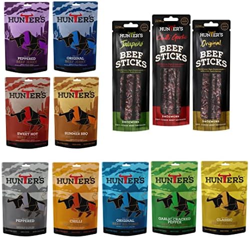 Hunters Beef Snack 12 Pack Combo – 28g Biltong, 28g Jerky, 40g Beef Sticks Droewors, High Protein, low carb, Thin sticks of authentic Droewors, Convenient Snack