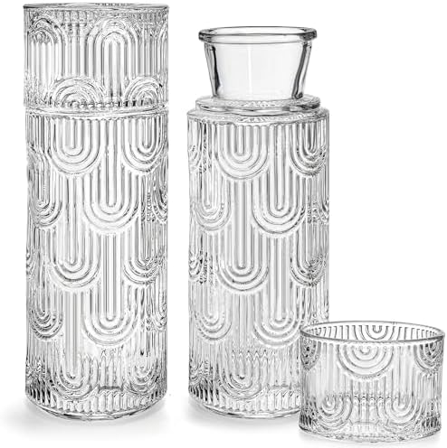 Coloch 2 Sets Vintage Bedside Water Carafe Set With Tumbler, 4 Pcs 14Oz Clear Nightstand Carafe And Glass Set, Carved Glass Mouthwash Bottle Juice Pitcher For Water, Juice, Kitchen, Bedroom, Bar - View #11