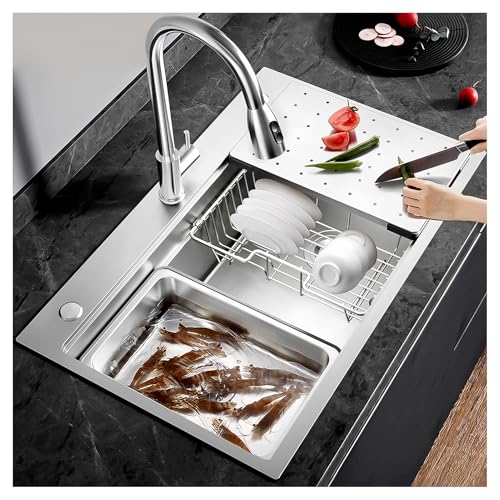 Fregadero De Cocina Grande Plateado, Fregadero De Barra Resistente, Con Desagüe Completo, Fregadero Rústico De Acero Inoxidable 304 De Una Cubeta, Fregadero De Encastre(B,80x50x22cm)