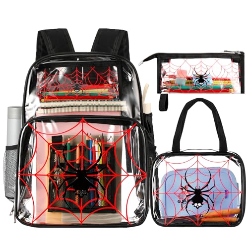 Paterr 3 Pcs Clear Backpack for Boys Spider Backpack with Lunch Bag Pencil Case for Kids Black Heavy Duty PVC Transparent Bookbag See Through School Bag