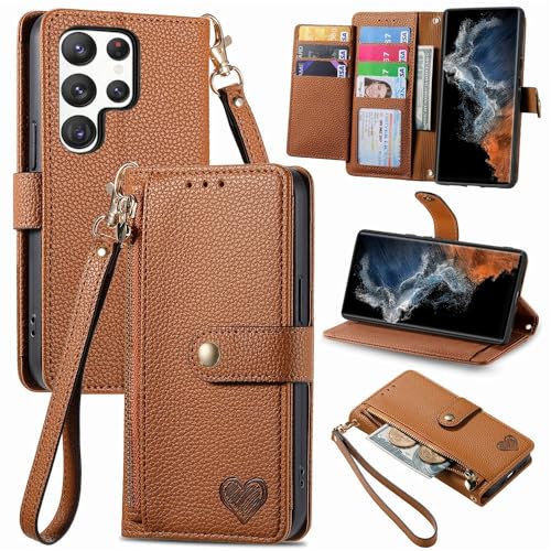 Étui portefeuille Samsung S24 Ultra en cuir marron idéal pour voyager