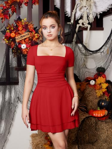 Image of XXTAXN Women's Sexy Square Neck Short Sleeve Ruched Tiered Ruffle Hem Flowy Club Party Mini Dress