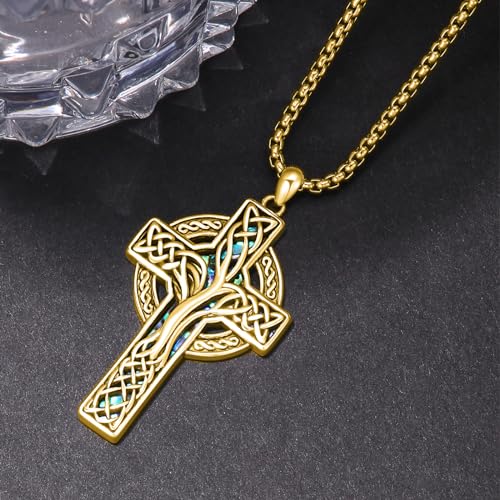 AOSAIB Gold Celtic Cross Necklace 925 Sterling Silver Tree of Life Celtic Cross Necklace Abalone Shell Cross Pendant Necklace Jewelry Gifts for Women Men by AOSAIB - Image 3
