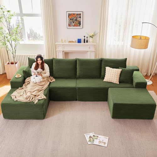 Image of 135.4 inchModular Sectional Sofa, Boneless Couch U-Shaped Sofa for Living Room | Cloud Couch Sectional with Ottoman, 4 Seater Deep Seat Memory Foam Compressed Sofa, No Assembly, Left-Facing Chaise, Green