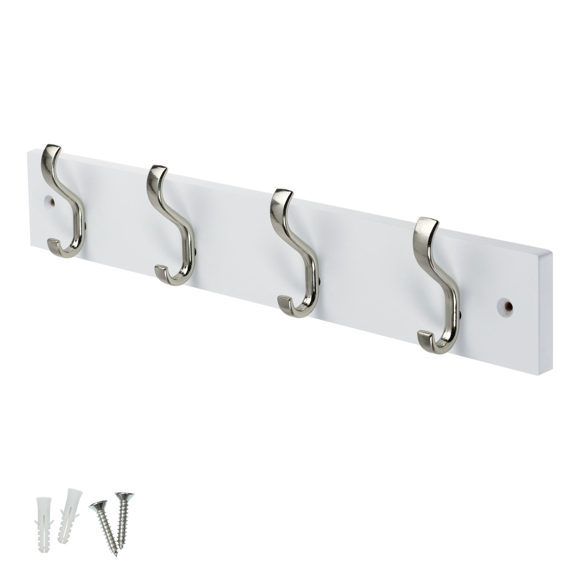 Keypak Satin Nickel/White Minimalistic Wall-Mounted Coat Rack – 4 Hooks On Stylish Modern Wooden Base For Wall & Door – 38Cm – All Fixings Included ()