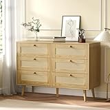 infurnic 6 Drawer Rattan Dresser for Bedroom, Modern Wooden Dresser Chest with Handles for Bedroom, Hallway and Living Room, Wood Oak