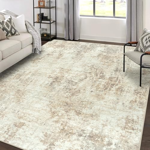 Area Rugs 9x12 Living Room: Large Soft Washable Rug Modern Abstract Anti-Skid Non-Shedding Carpet Indoor Floor Thin Carpets for Bedroom Dining Room Farmhouse Nursery Home Office Beige Grey