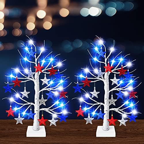 4th of July Decorations, 2 Pack 24 Inches Lighted Birch Tree for Tabletop with Timer Function, Patriotic Lighted Tree with 36 Star Hanging Ornaments for Independence Day Memorial Day Veterans Day