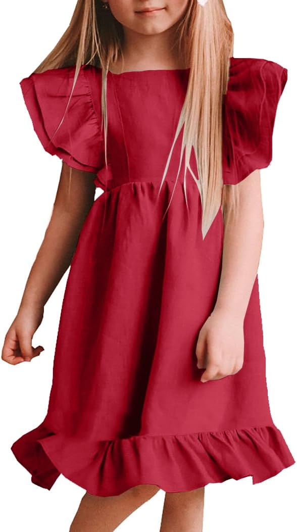 Girls Dress Linen Boho Party Ruffle Sleeve A-Line Floral Hem Loose Fit Summer Outfits for 5-12 Years Kids