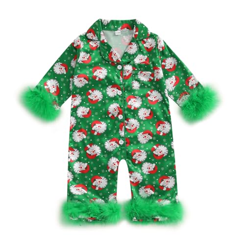 woshilaocai Baby Girl Christmas Pajamas Santa Claus Feather Trim Jumpsuit Button Down Romper Fall Winter Satin Sleepwear Pjs