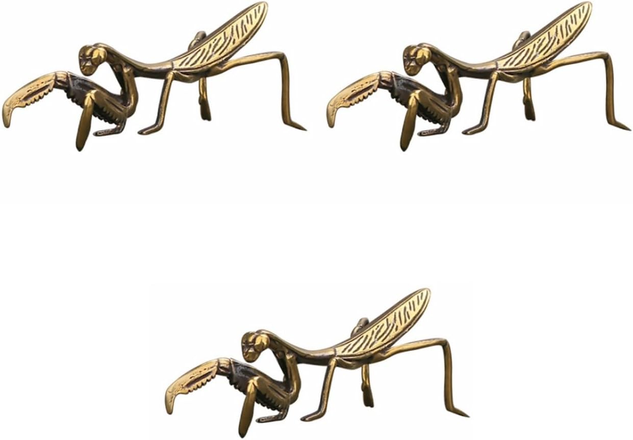 IMIKEYA Brass Praying Mantis Figurines 3pcs Golden Mantis Ornament Desktop Decor for Home Office Restaurant or Shop Compact 2.83 X 0.94 X 2.36 in Sculpture image 2