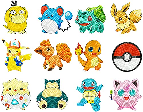 12Pcs Diamond Painting Stickers Kits for Kids, Paint by Numbers Diamonds for Adult Beginners,DIY 5D Pokemon Diamond Art Mosaic Stickers, (12PCS)