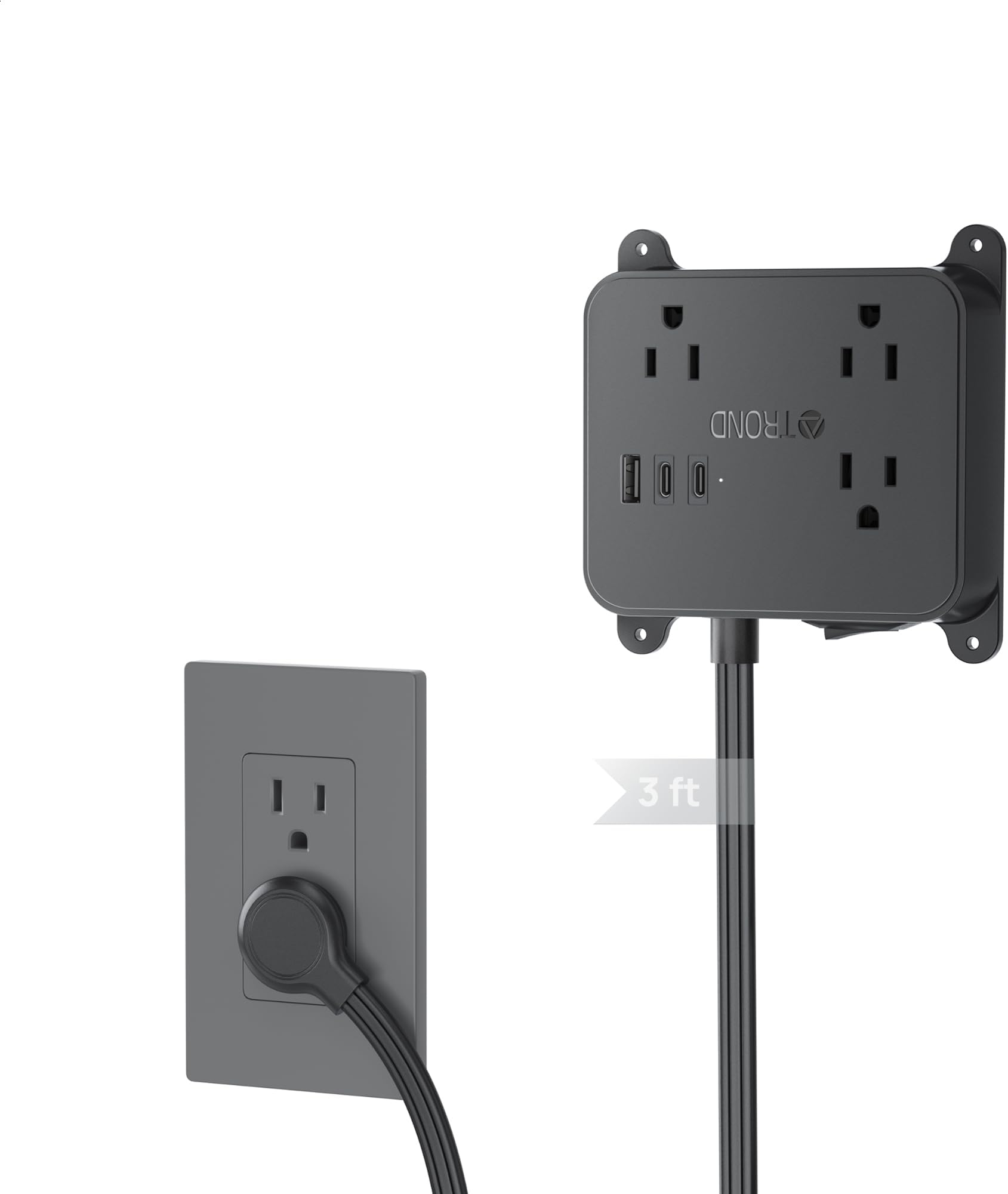 TROND Flat Plug Power Strip, 3FT Short Extension Cord with 3 AC Outlets, Wall Mount Charging Station with 2 USB-C & 1 USB-A, in Cabinet Power Outlet, Attach Behind TV or Under Desk Vanity Counter