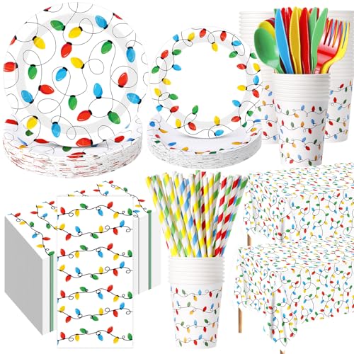 Image of Funnymoom 452 Pcs Christmas Party Decorations for 50 Guests, Colorful Christmas Lights Paper Plates Napkins Cups Tablecloth Cutlery Straws Disposable Tableware Set for Xmas Holiday Party Supplies