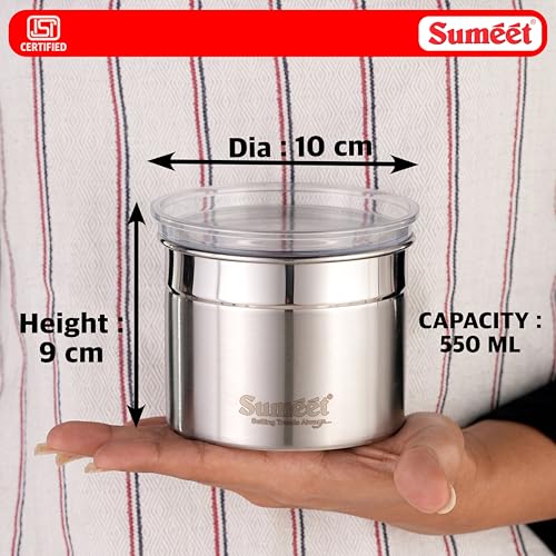 Image of Sumeet ISI Certified Stainless Steel Small Canisters /Dabba /Storage Containers for Kitchen with See Through Air Tight Lid - Set of 6 Pcs - 550ml, 10cm Dia, Silver