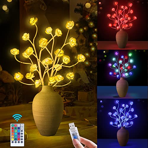 Anycosy Color Changing Lighted Rose Tree,Rose Flower Table Lamp with Remote Control,24 LED Lighted Rose Flower with USB for Valentine's Day Wedding Christmas Party Decoration 2 Pack