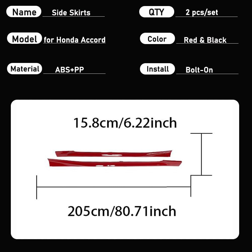 Red Side Skirt for Honda Accord 10th 10.5th 4 Door 2018 2019 2020 2021 2022 | Yofer Style PP Rocker Panel Lip Splitter ADD-ON
