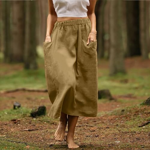 Womens Beach Skirts Summer Comfy Cotton Linen Skirts Basic Solid Color Elastic Waist A-Line Midi Skirts with Pockets3