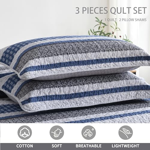 Homzard 100% Cotton Quilt Set,California King 118'' x 106'' Oversized Bedspread Set with 2 Pillow Shams, Blue Gray Lightweight Comforter Set Striped Floral Bedding Set Reversible King Bed Set by Homzard - Used condition - Image 6